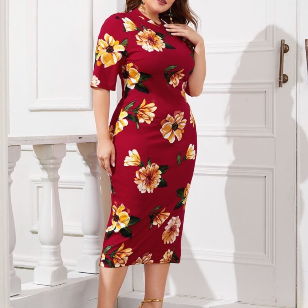 NWOT Red Sunflower Midi Bodycon Dress
